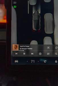 Tesla's display shows car's surroundings and music.