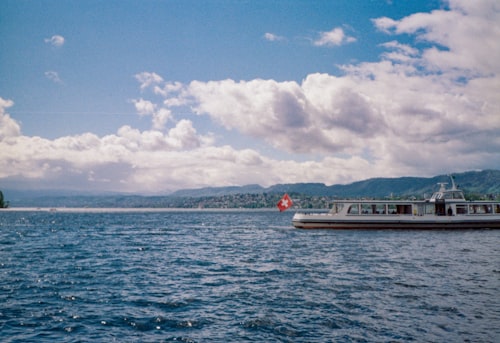 Lake Zurich promenade with swans, boats, and Alpine mountain backdrop