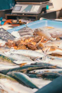 Fresh fish are displayed at a market.