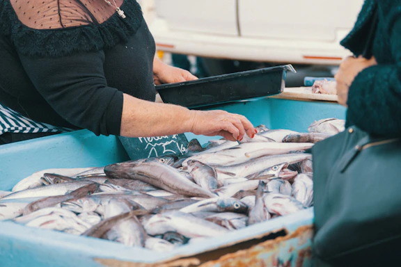 Fish are being sold at a market stall