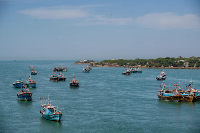 Fishing boats in the calm waters near Bet Dwarka
