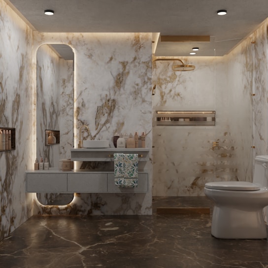 Elegant bathroom with marble walls and modern fixtures.