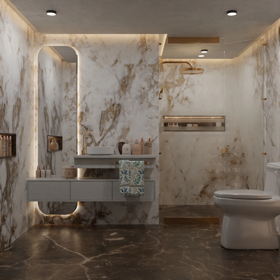 Elegant bathroom with veined marble walls and dark stone floor