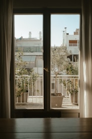 View through a window of a balcony with plants.