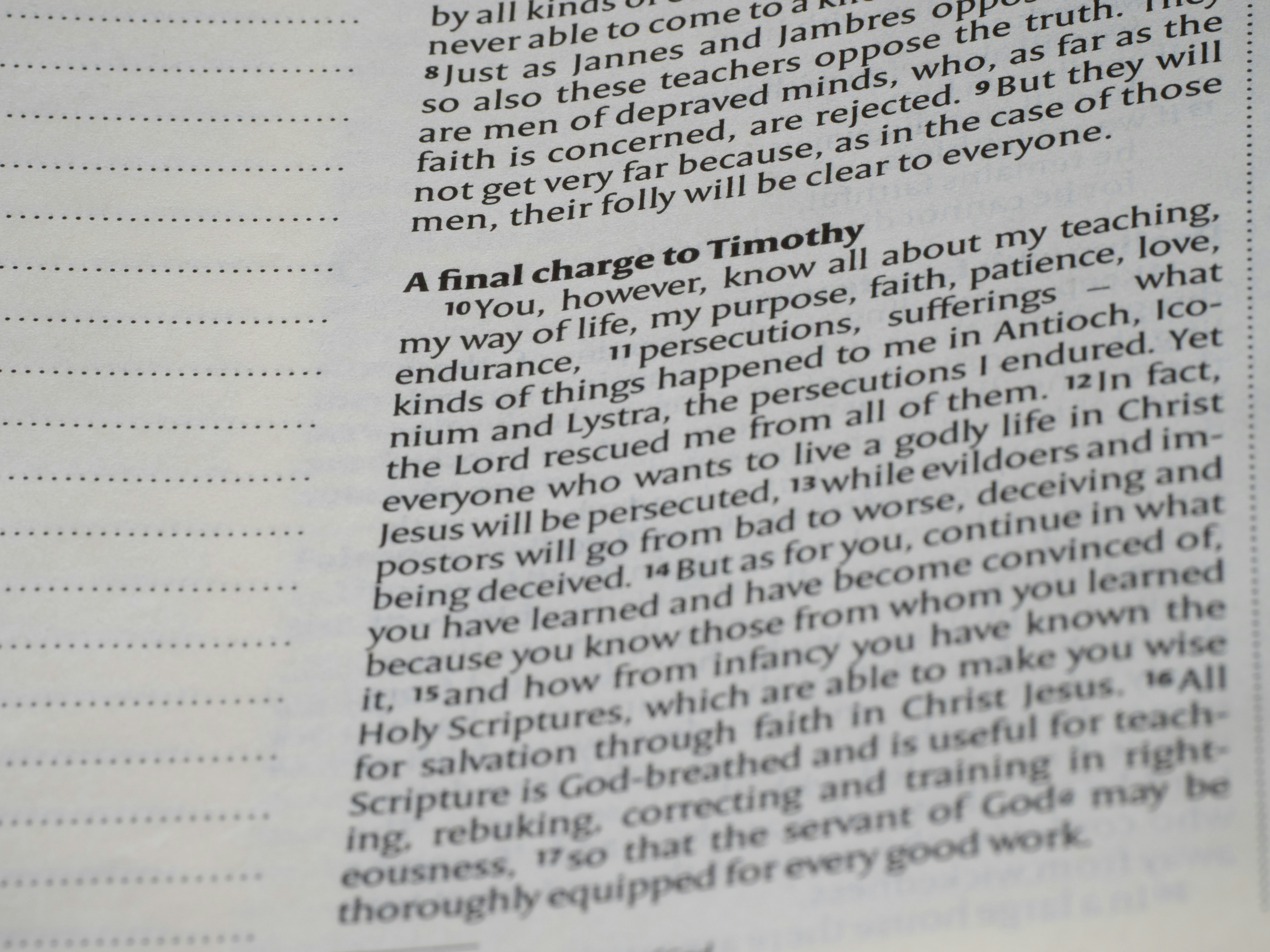 A passage from the bible gives final charges to timothy.