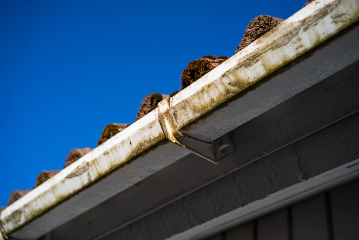 Dirty gutters and roof against a blue sky