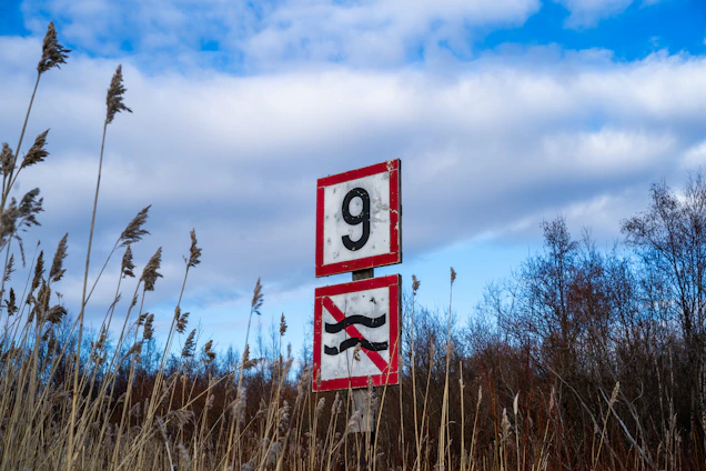 A sign shows number nine and no swimming.