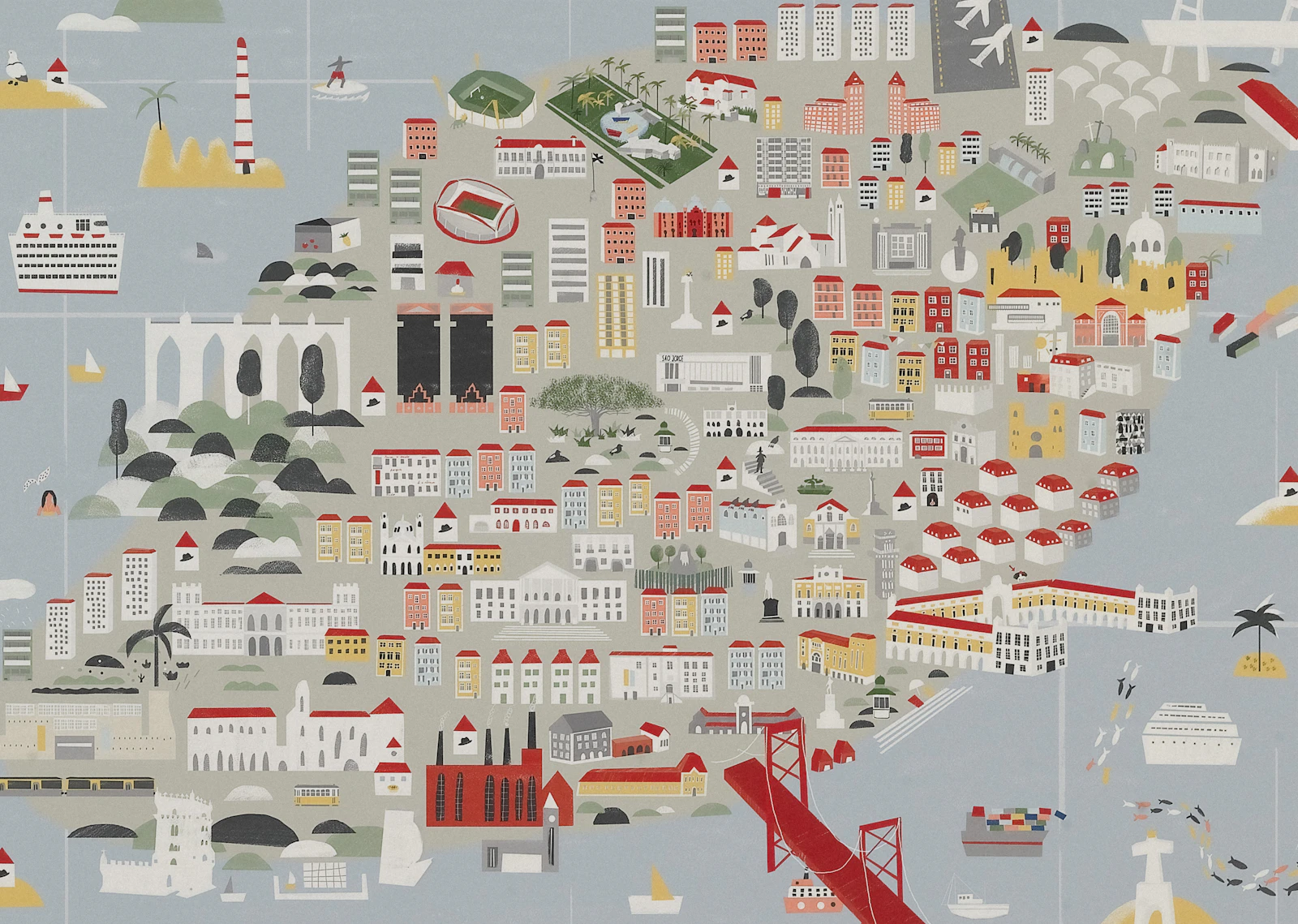 Stylized map of portugal with famous landmarks