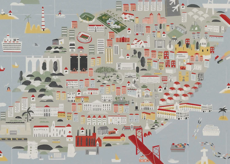 Stylized map of portugal with famous landmarks