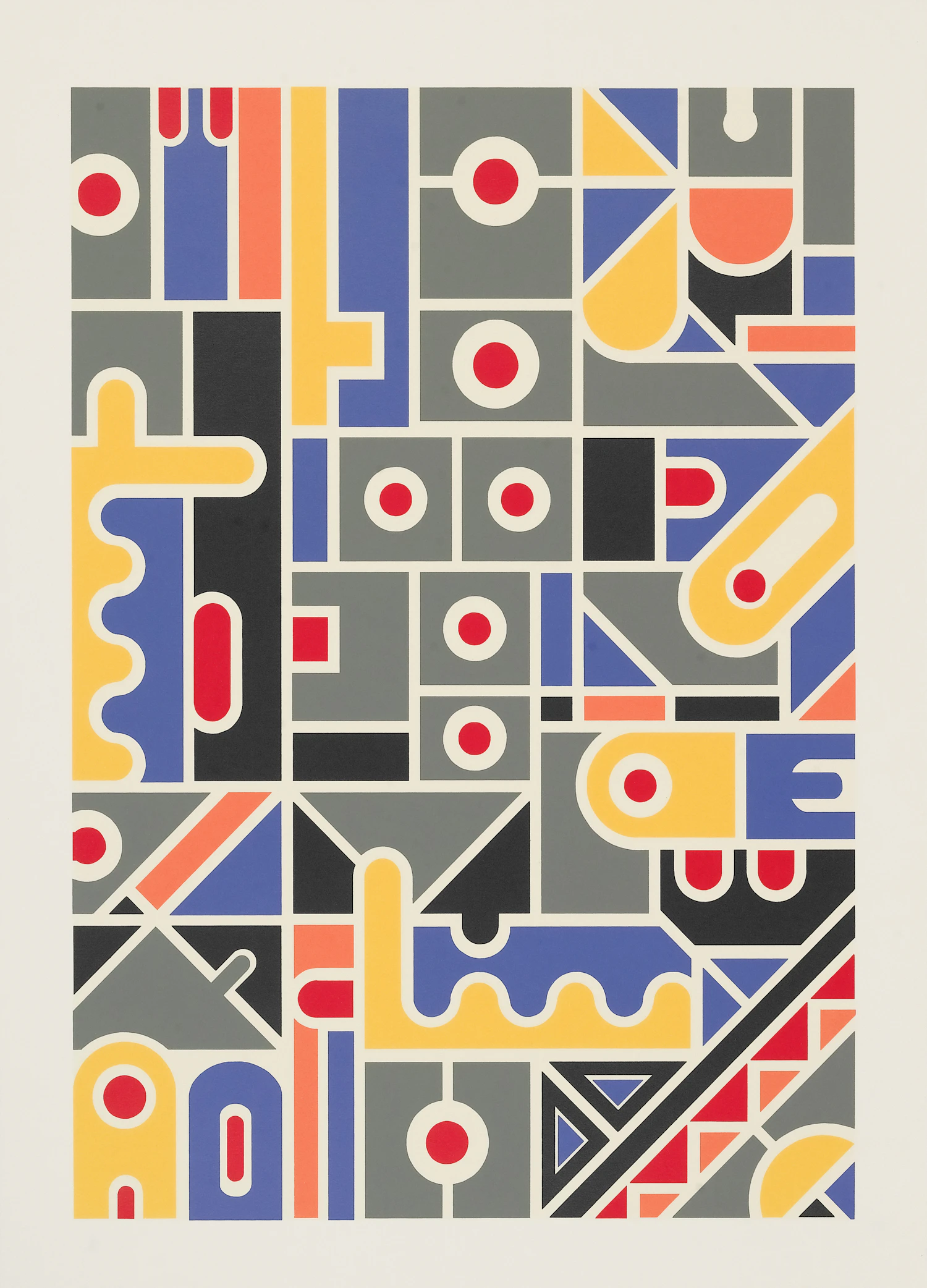 Geometric print of red circles, yellow shapes and blue lines on grey