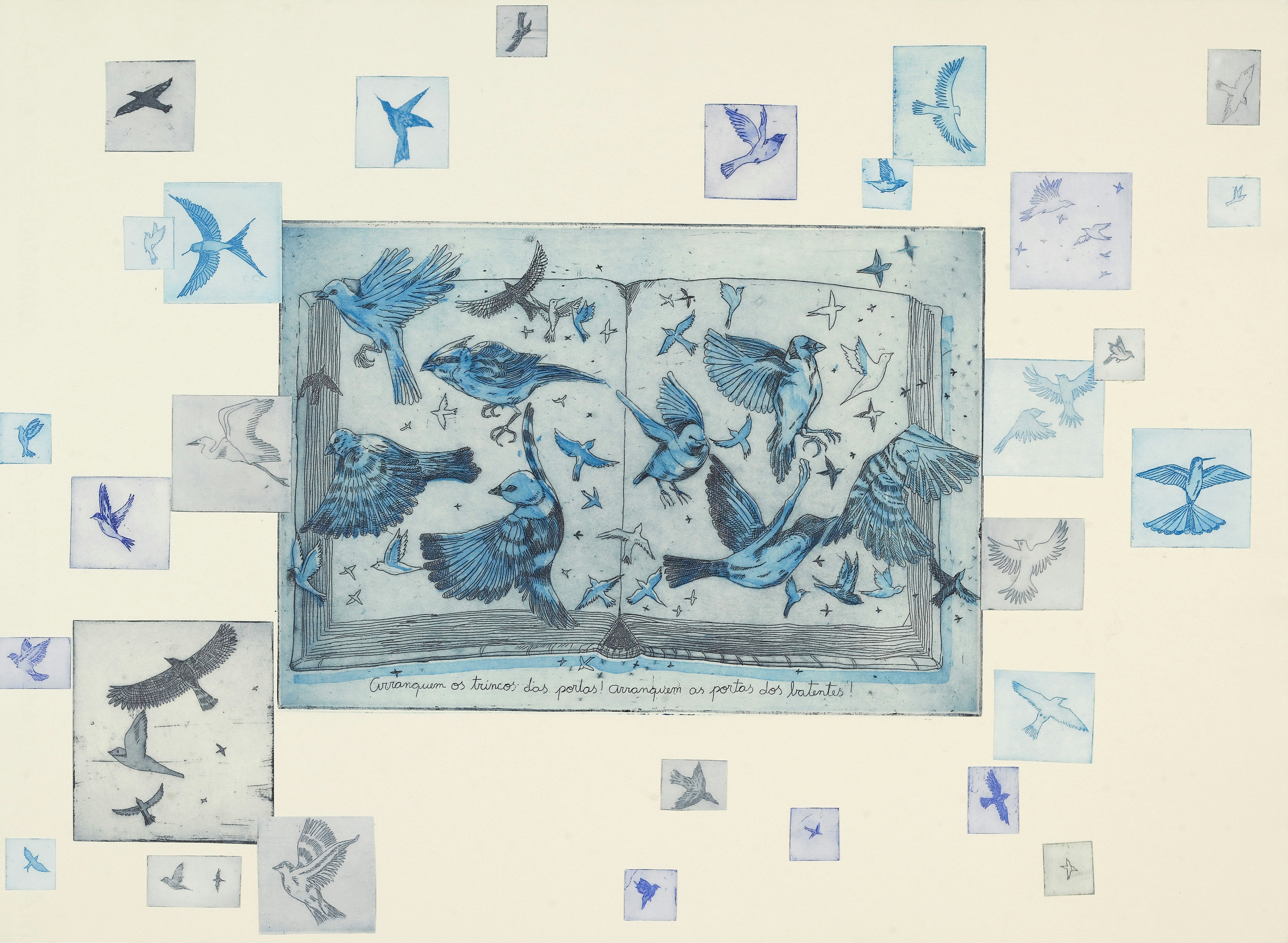 Open book surrounded by numerous blue birds