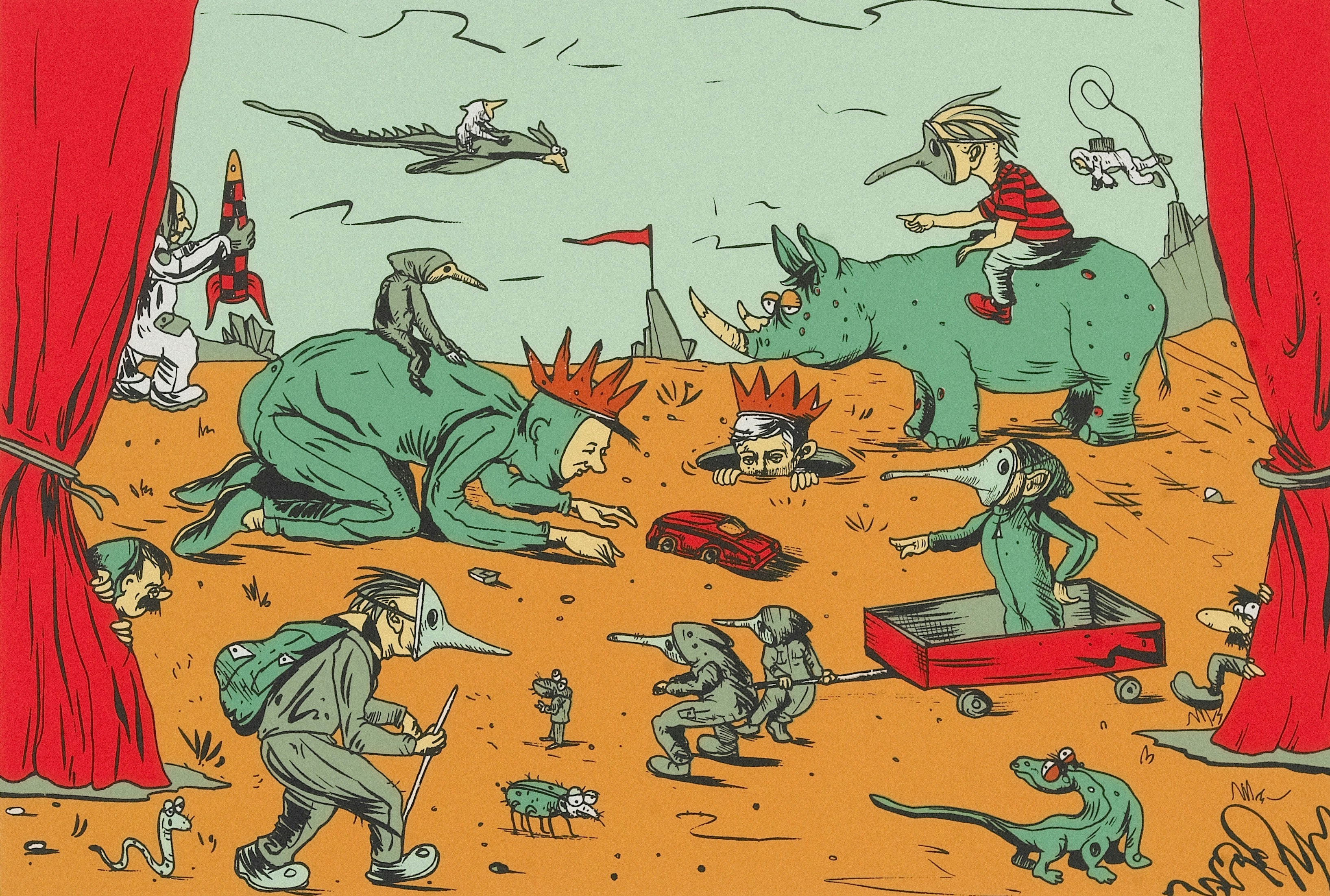 Surreal scene with absurd characters and creatures.