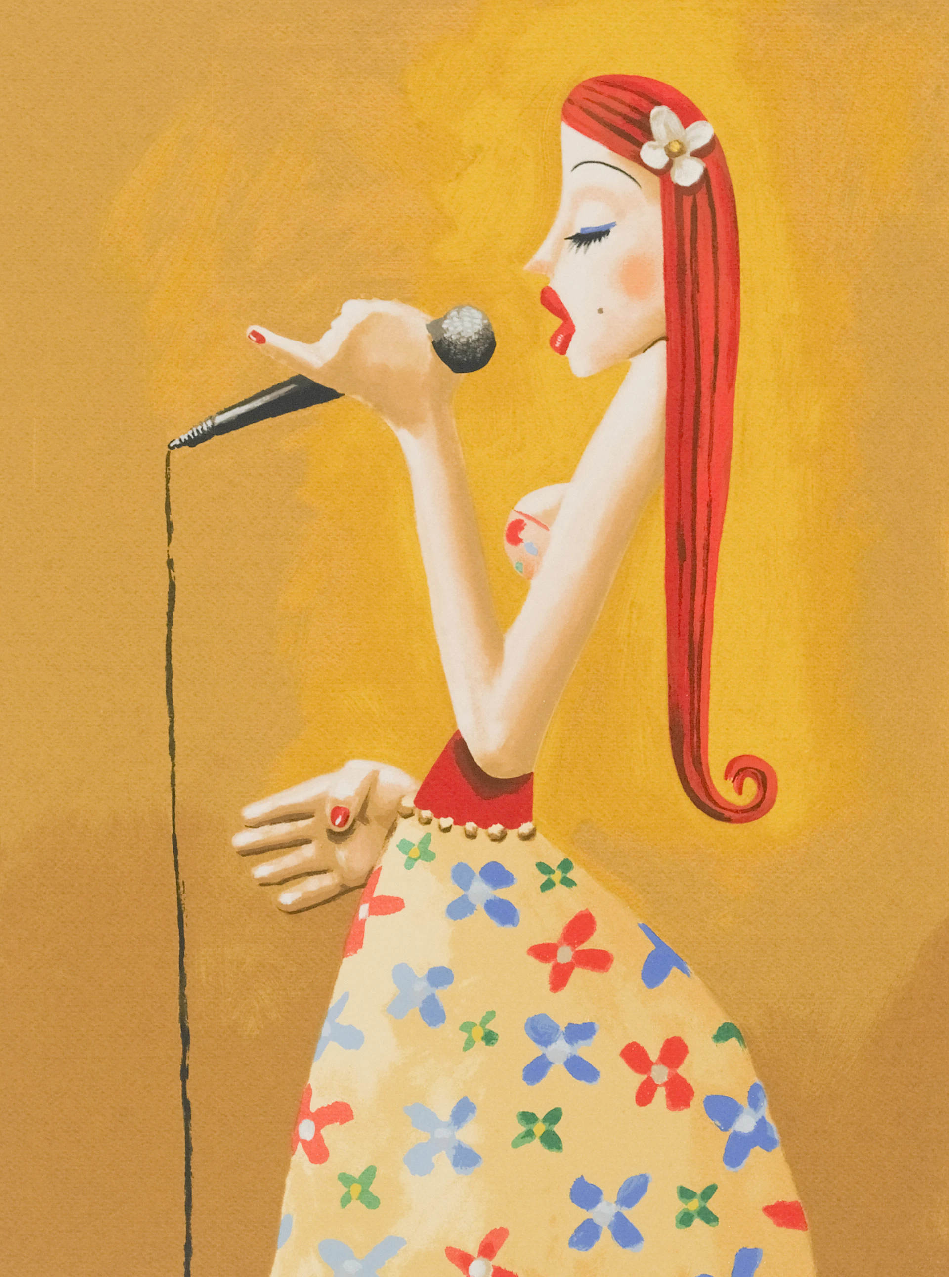 A woman sings into a microphone.