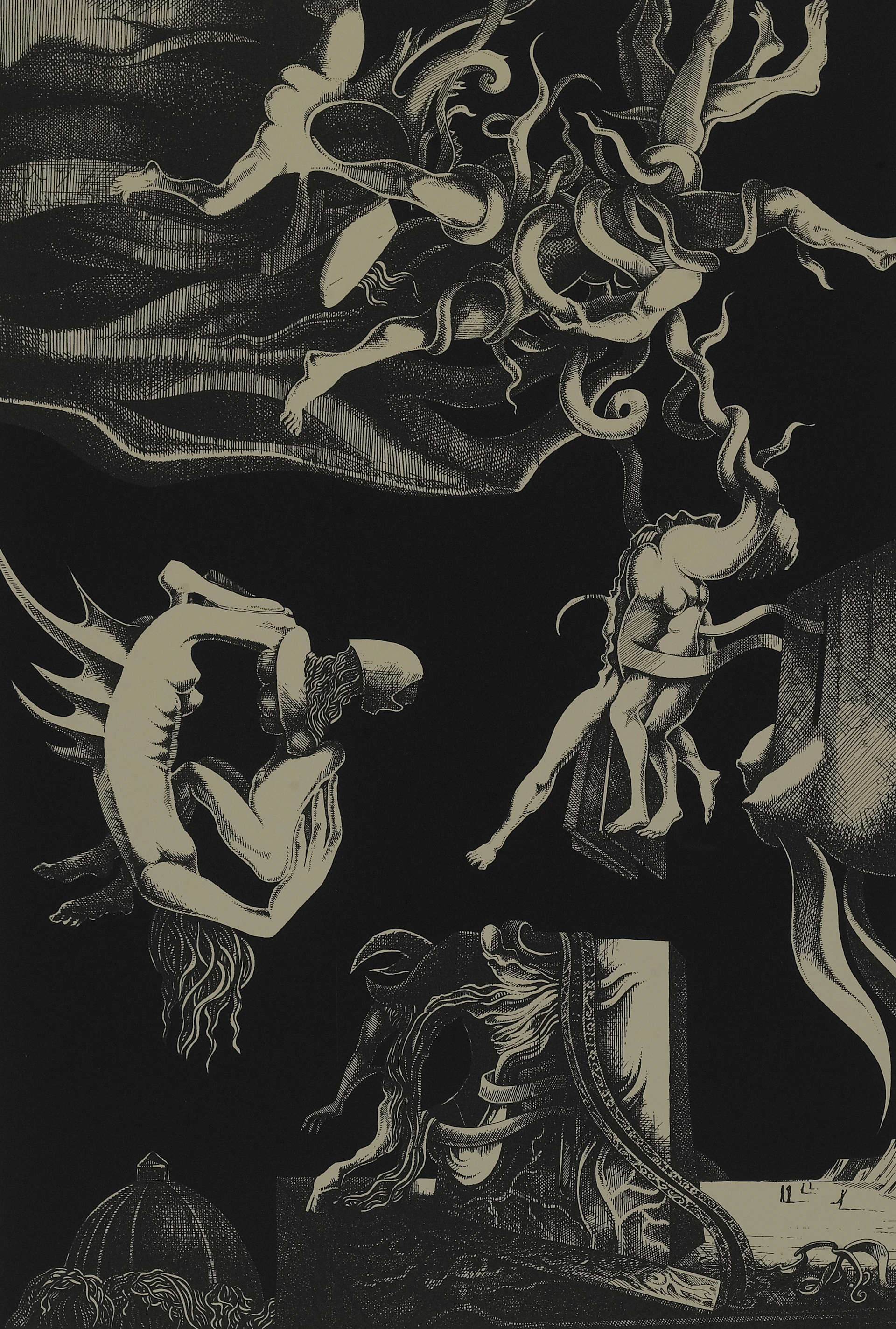 Surreal figures entangled with tentacles against black background.