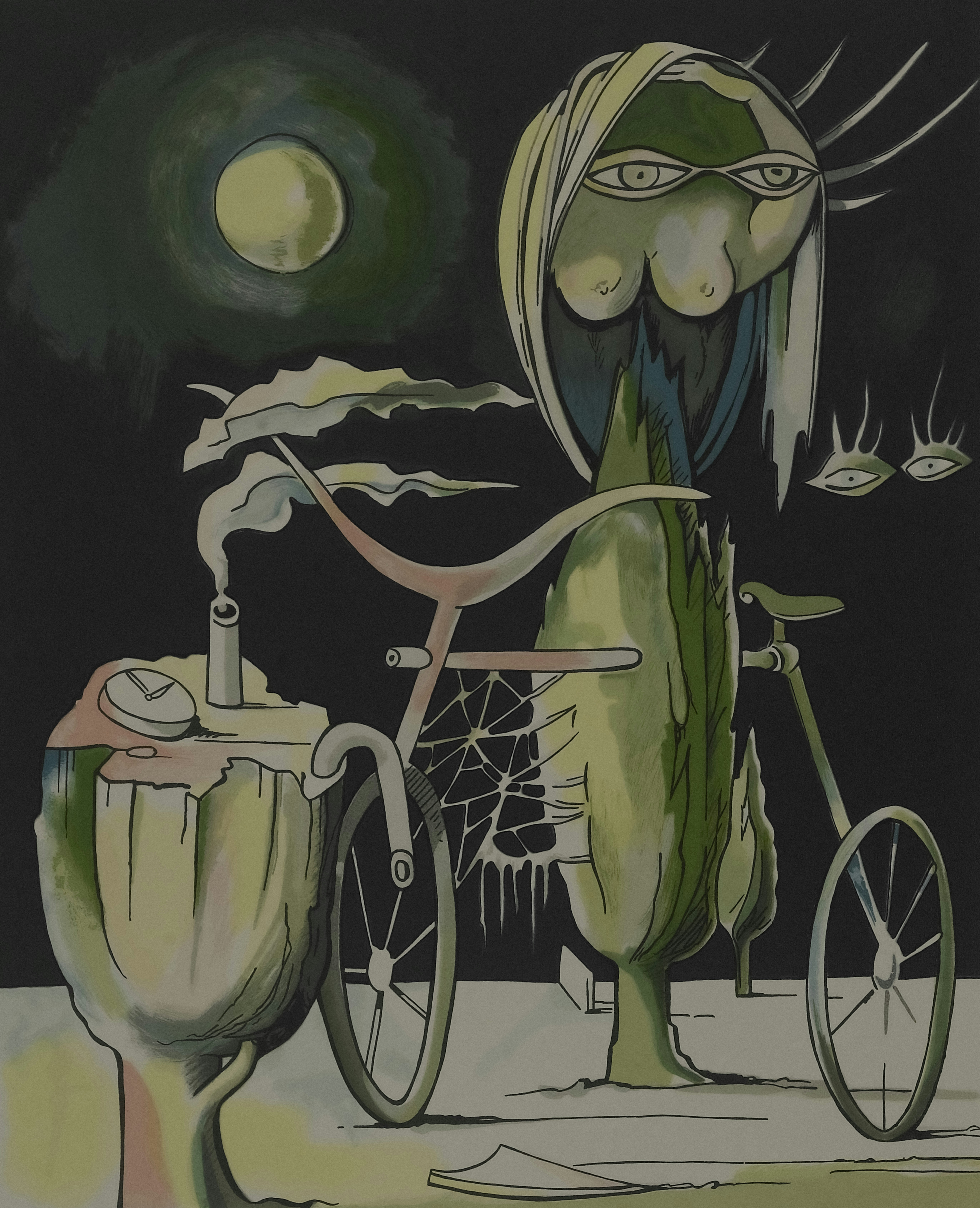 Surreal night scene with bicycle and strange figures