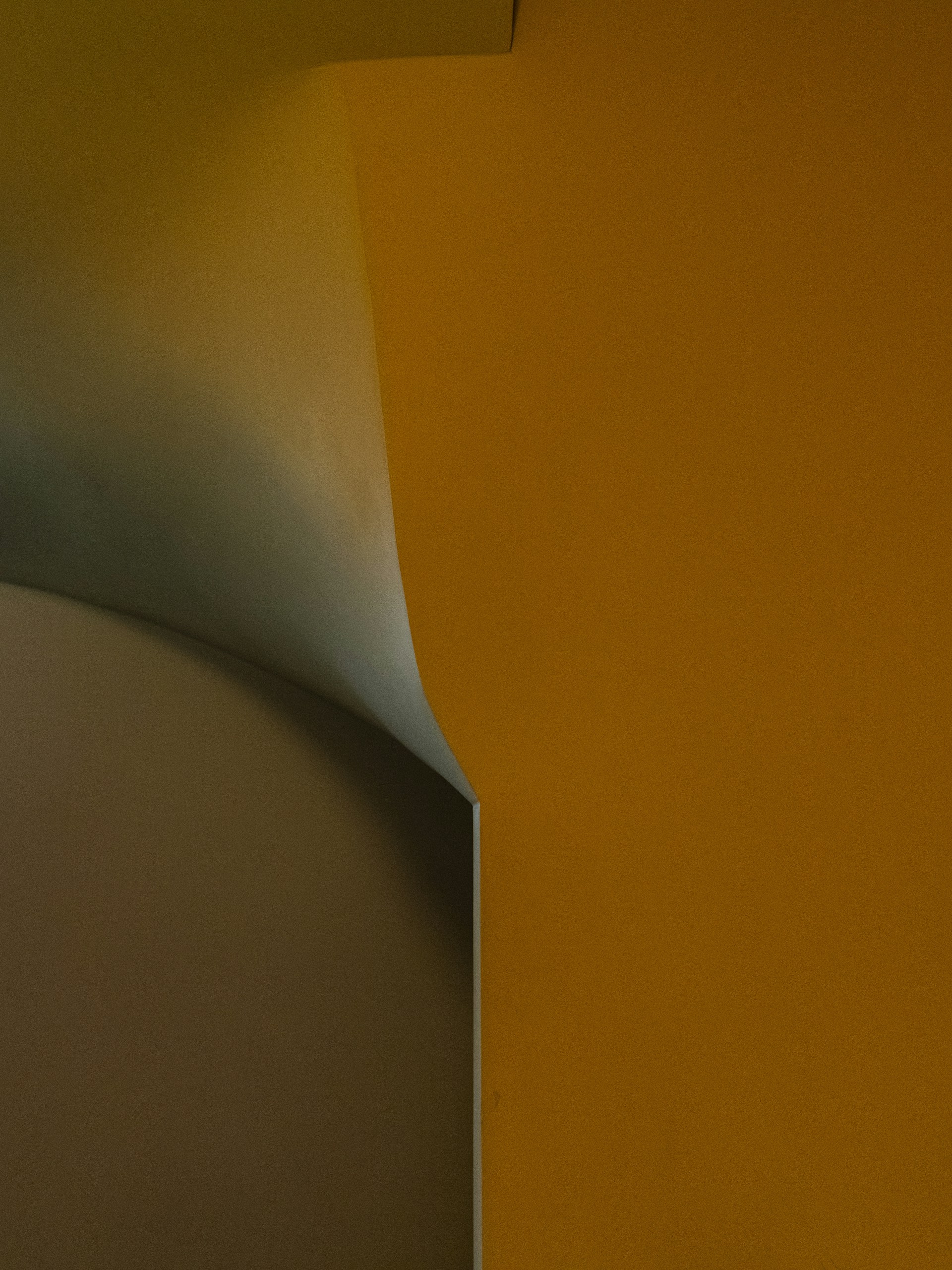 Curled paper reveals an orange and brown wall.