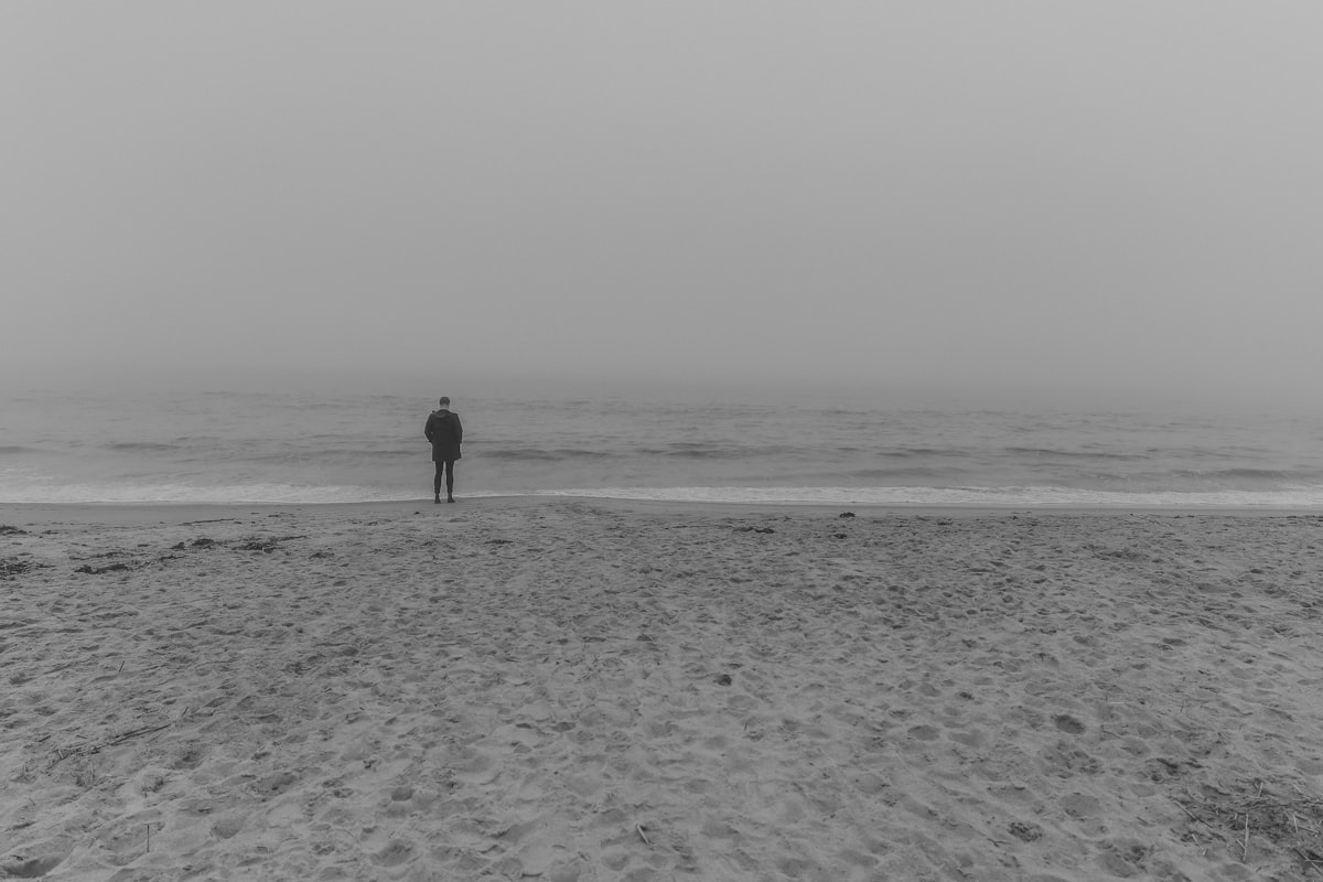 A lone figure gazing at the foggy ocean from the shore