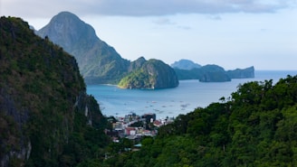 Mountains and a coastal town surrounded by the ocean.