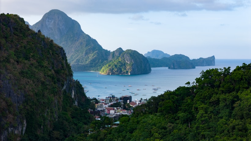 Mountains and a coastal town surrounded by the ocean.