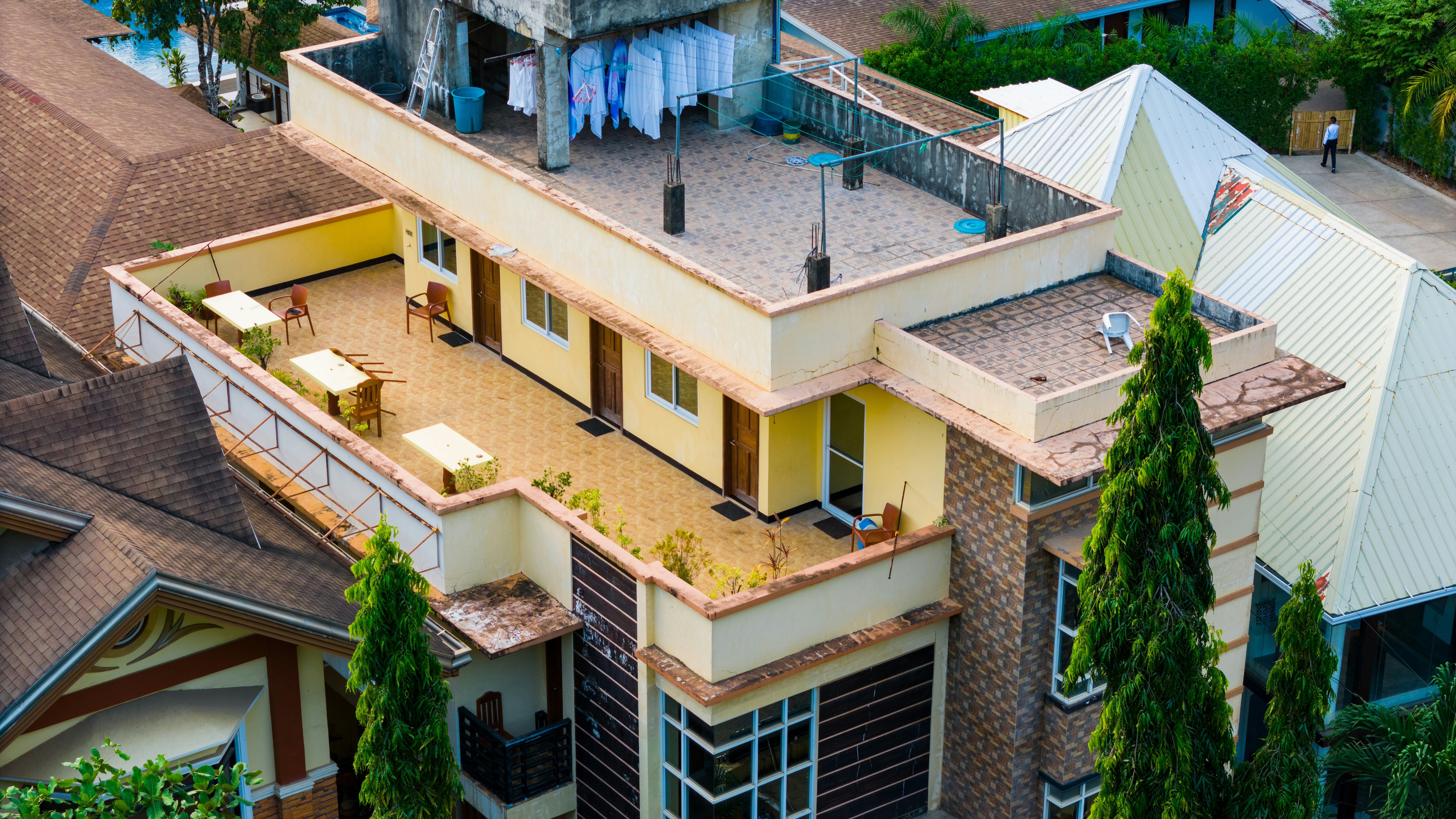 Drone view of a building rooftop in El Nido Bay, Palawan, Philippines.