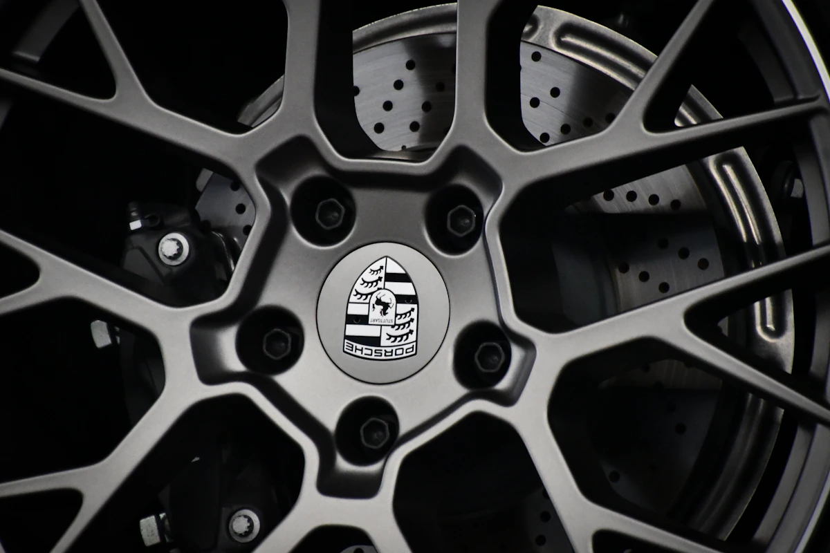 Close-up of a Porsche wheel and brakes