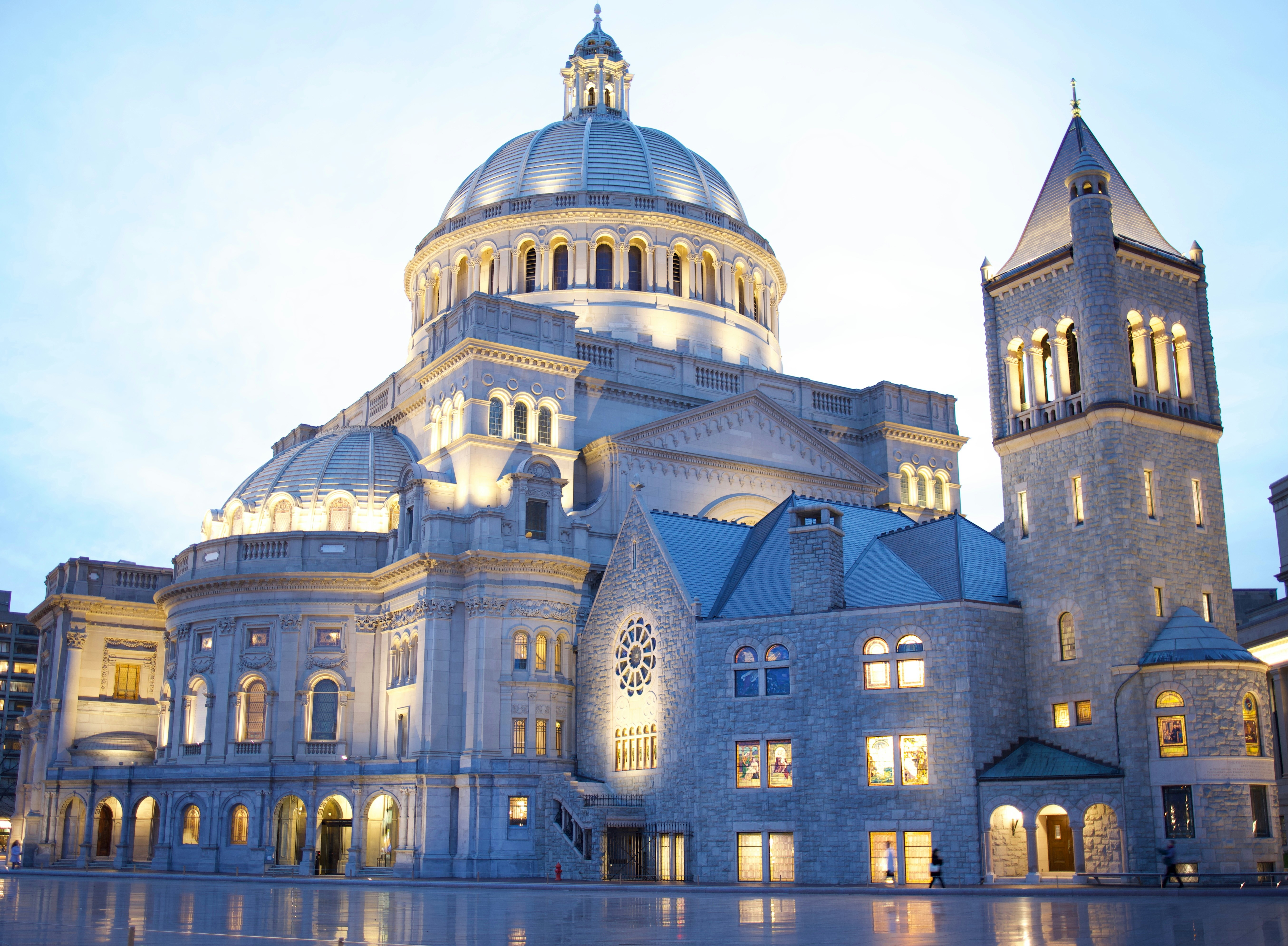 The christian science mother church stands elegantly