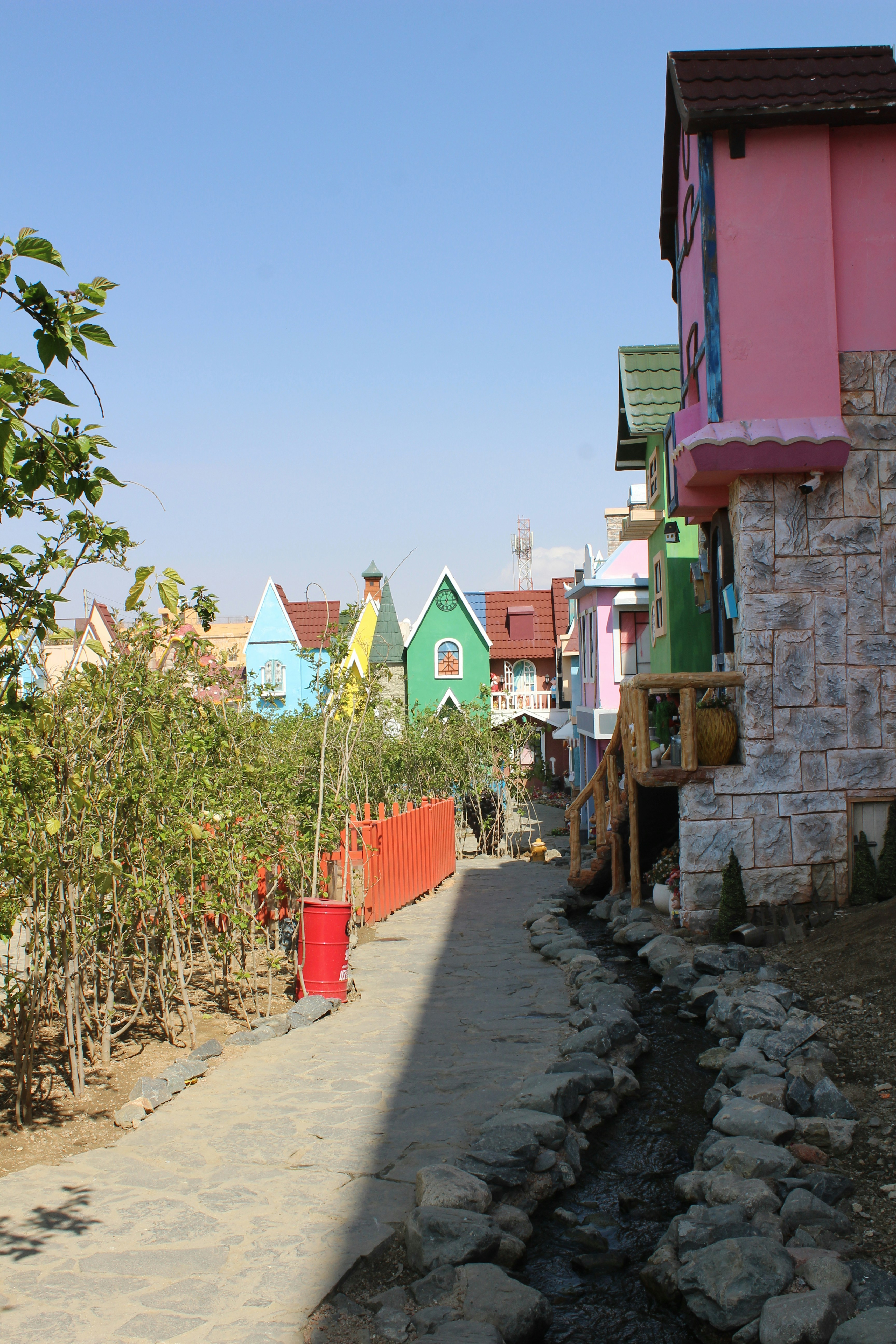 Colorful houses line a pathway on a sunny day.