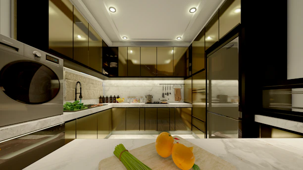 A modern kitchen with appliances and fruit.
