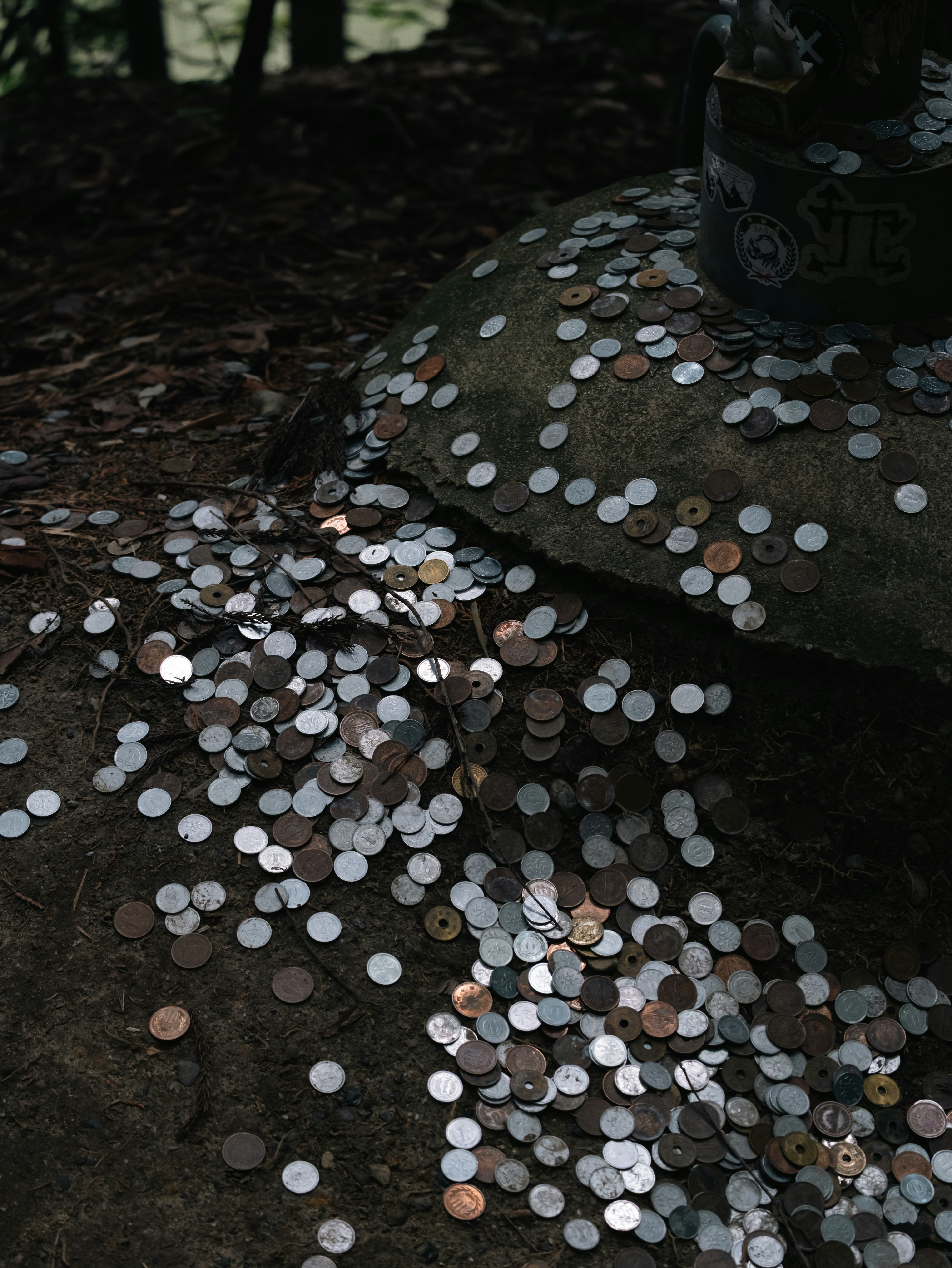 Des pièces de monnaie recouvrent une pierre dans un cadre spirituel.