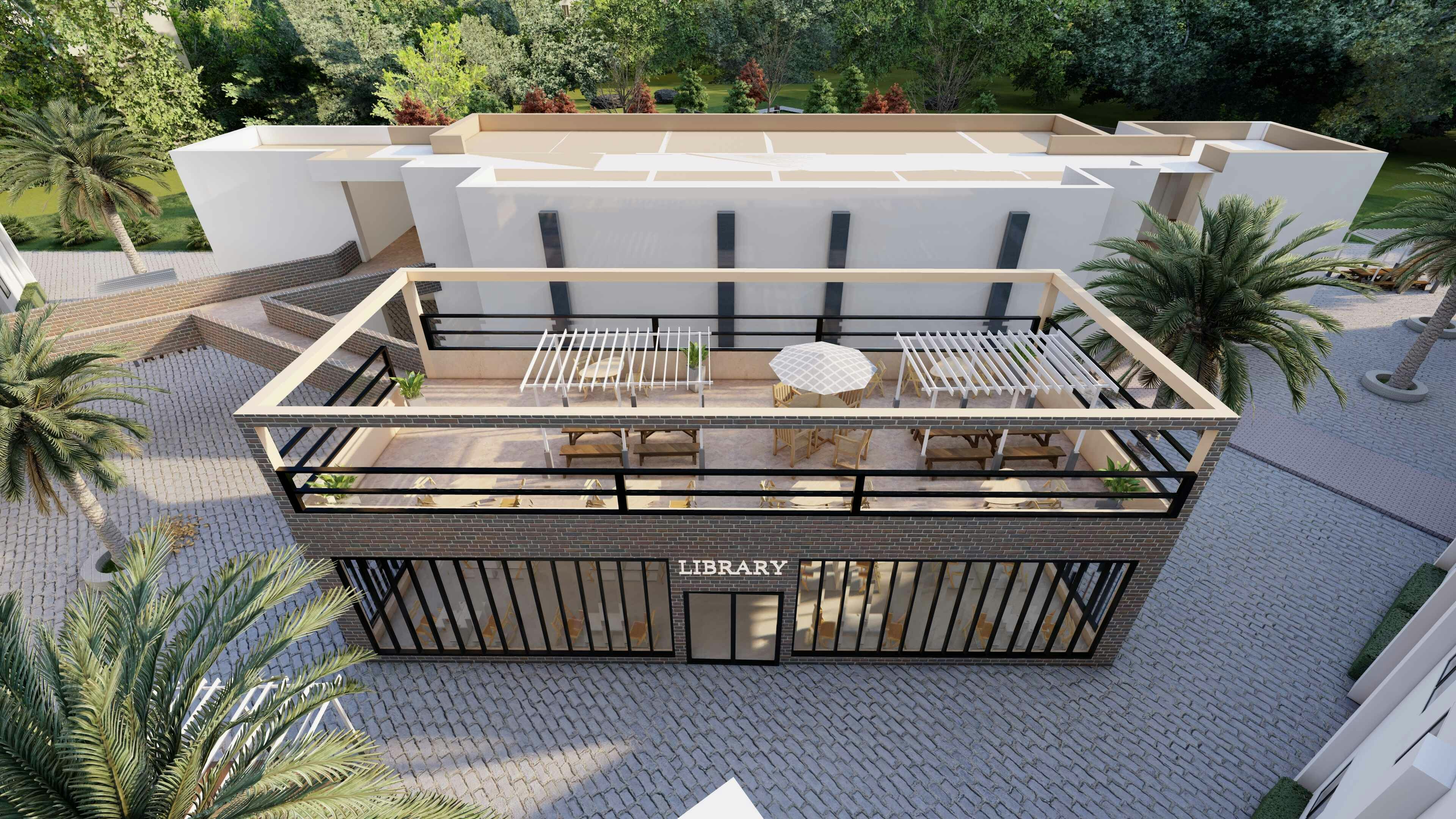 A modern library and its outdoor rooftop.
