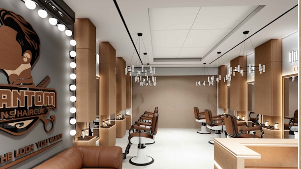 A modern and stylish barbershop interior is featured.