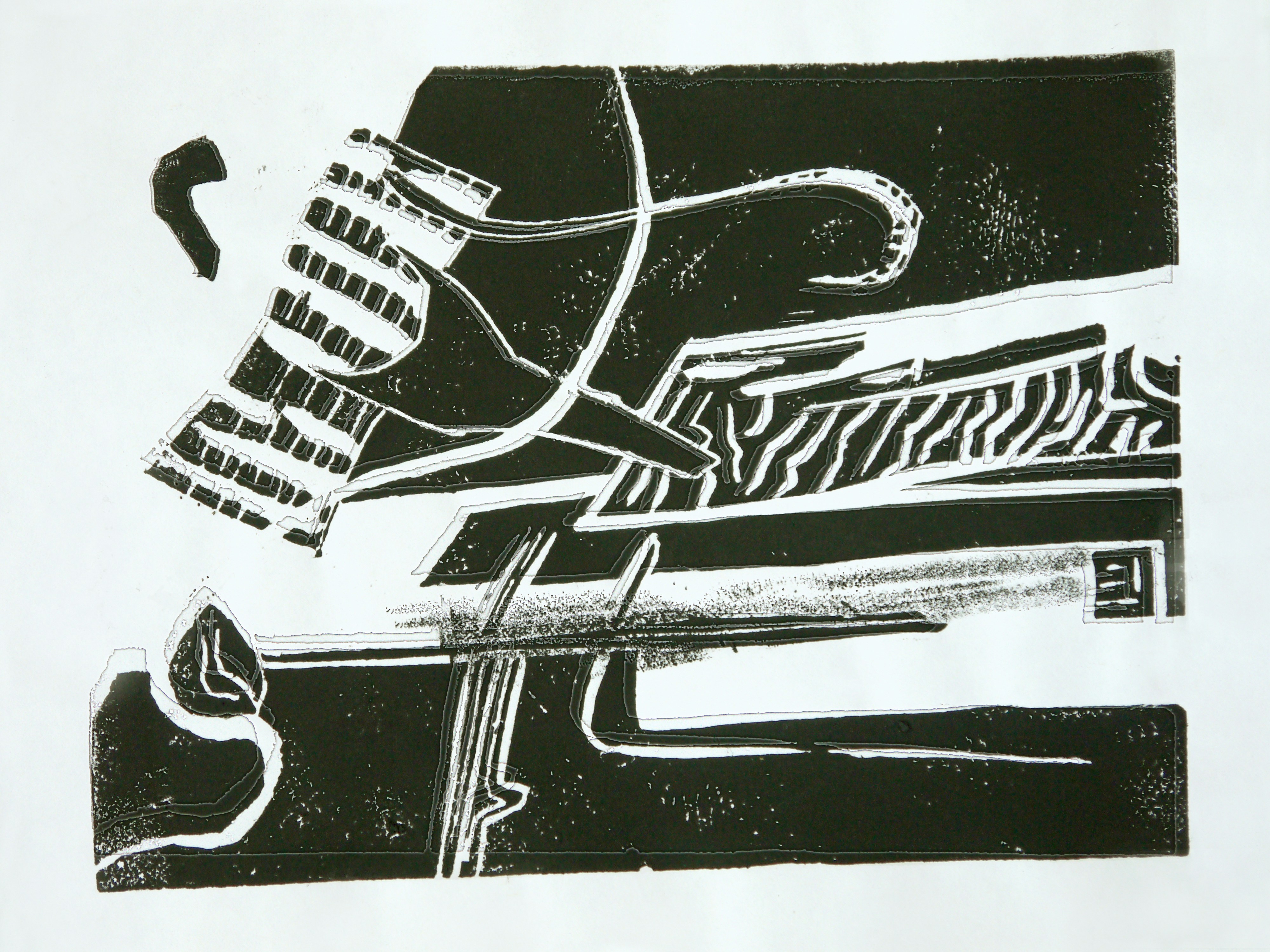Abstract linocut print of an arrangement.