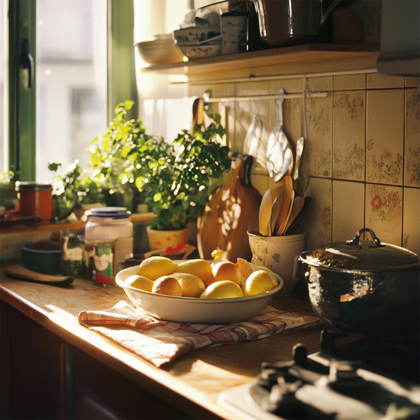 Lemons in a bowl on a sunlit kitchen counter