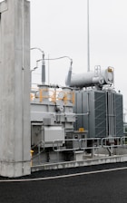 Electrical transformer station on a cloudy day.