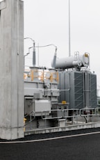 Electrical transformer station on a cloudy day.