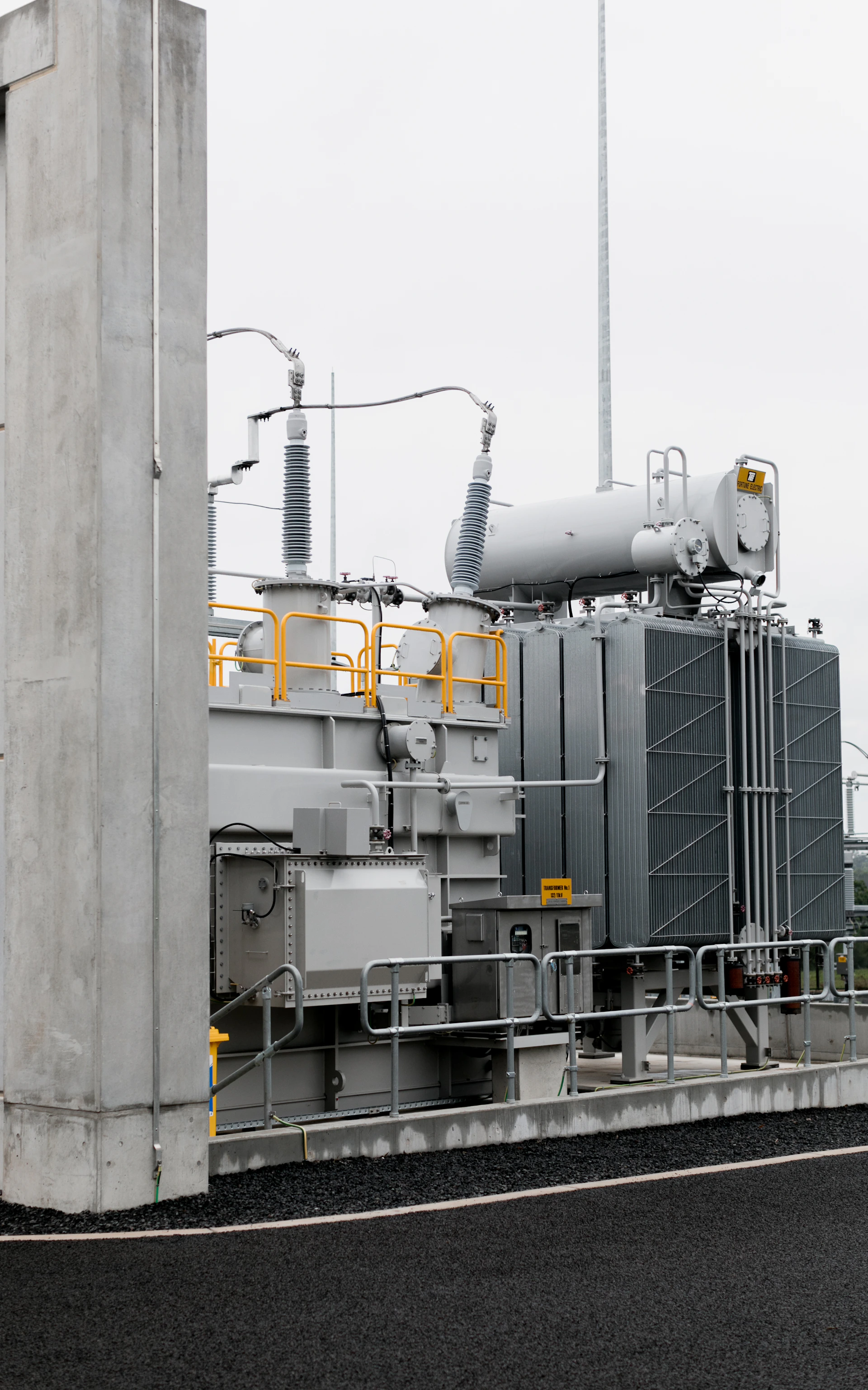 Electrical transformer station on a cloudy day.