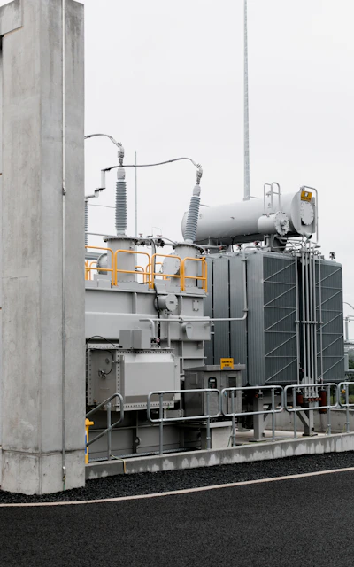 Electrical transformer station on a cloudy day.