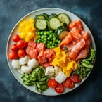 A colorful and delicious salmon and veggie plate.