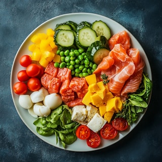A colorful and delicious salmon and veggie plate.