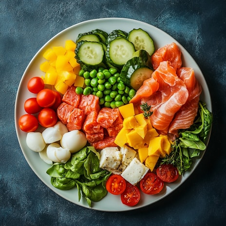 A colorful and delicious salmon and veggie plate.
