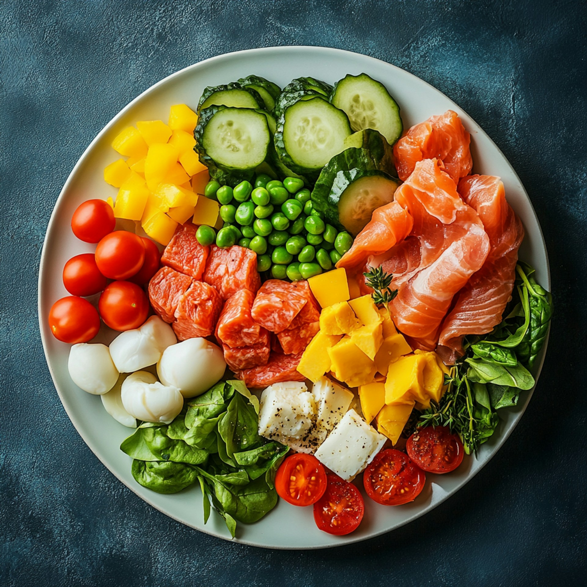 A colorful and delicious salmon and veggie plate.