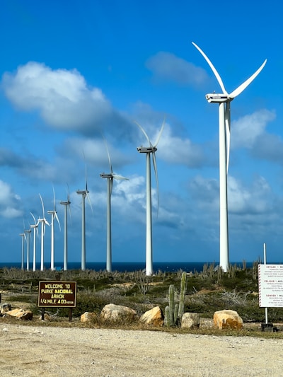 Wind turbines stand tall on a beautiful, blue day.
