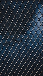 A metal fence with blue background.