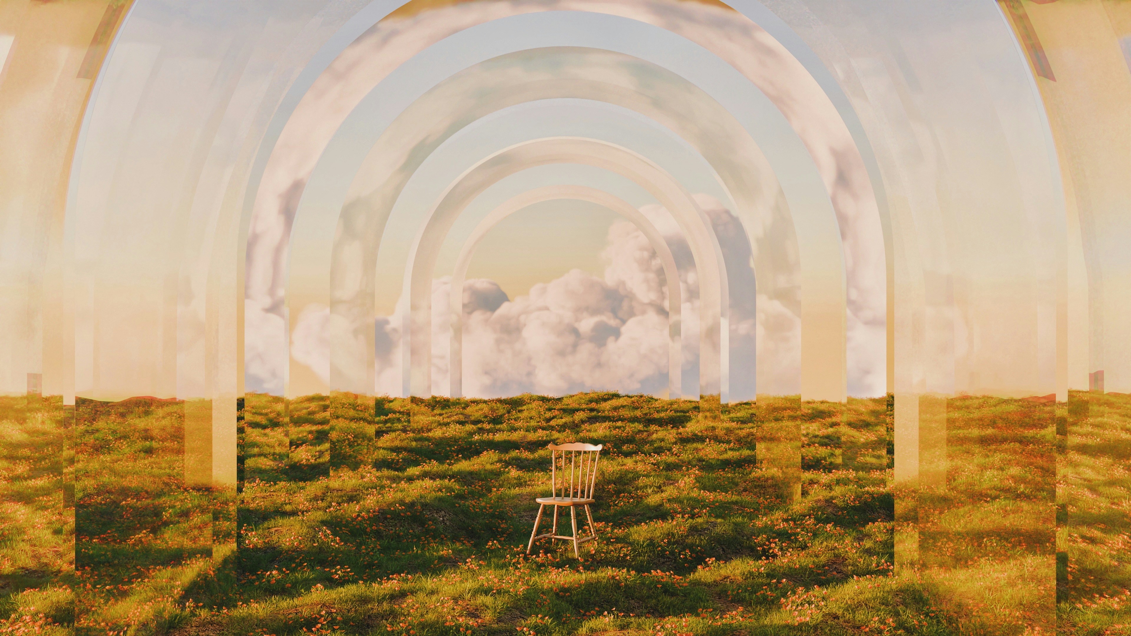 A chair stands alone under sky's endless arches.