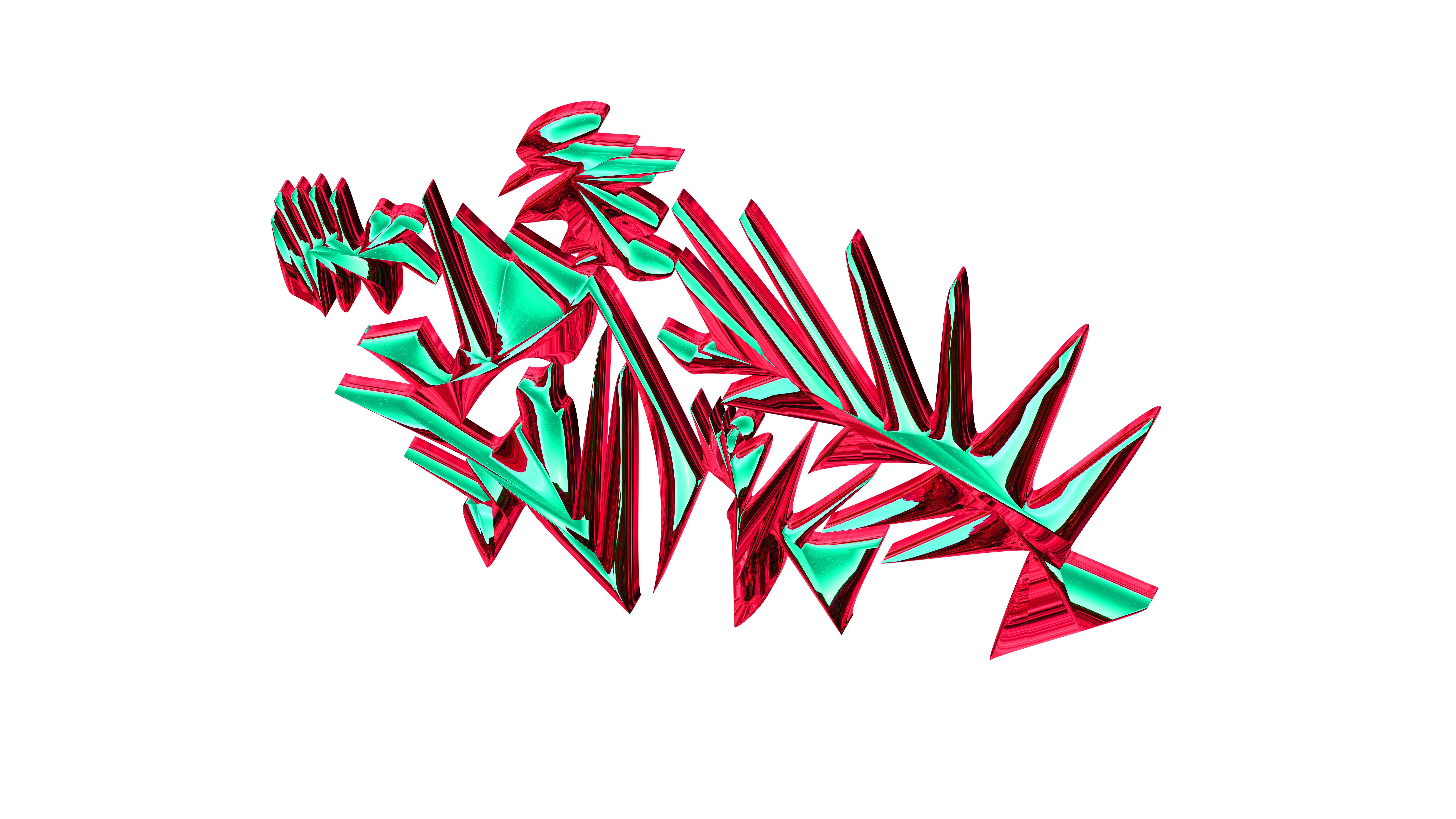 Abstract shapes are red and green on white.