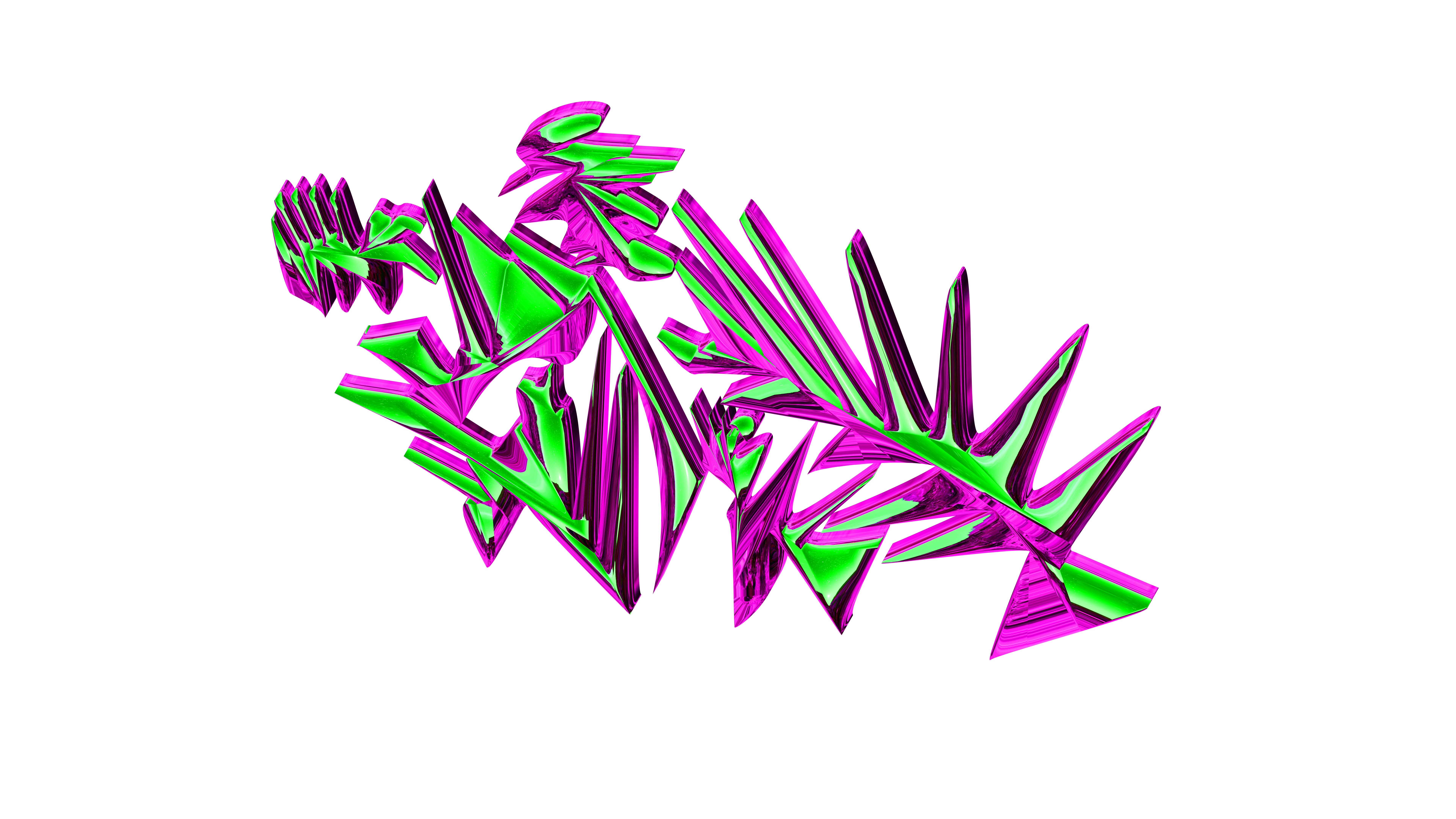 Abstract green and purple geometric shapes.