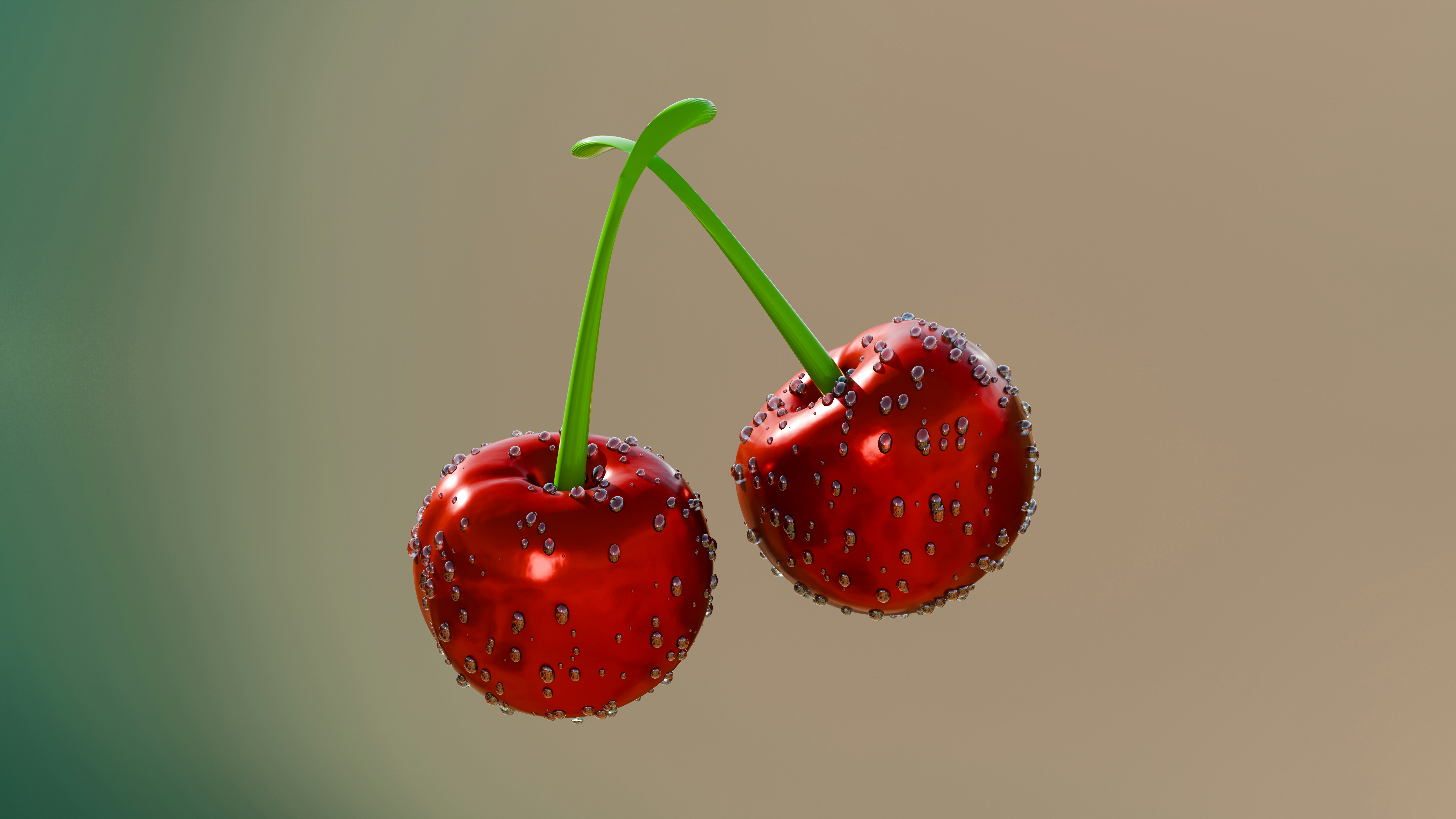 Two red cherries hang on a green stem.