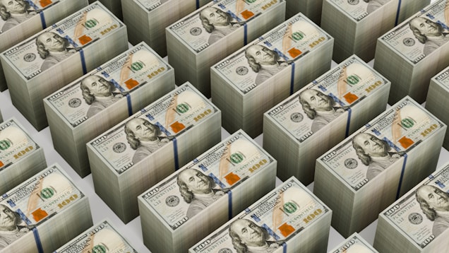 Stacks of $100 bills are neatly arranged.