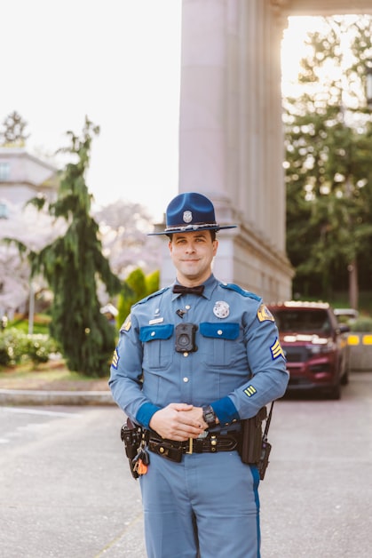 Female police officer in casual stylish off-duty outfit