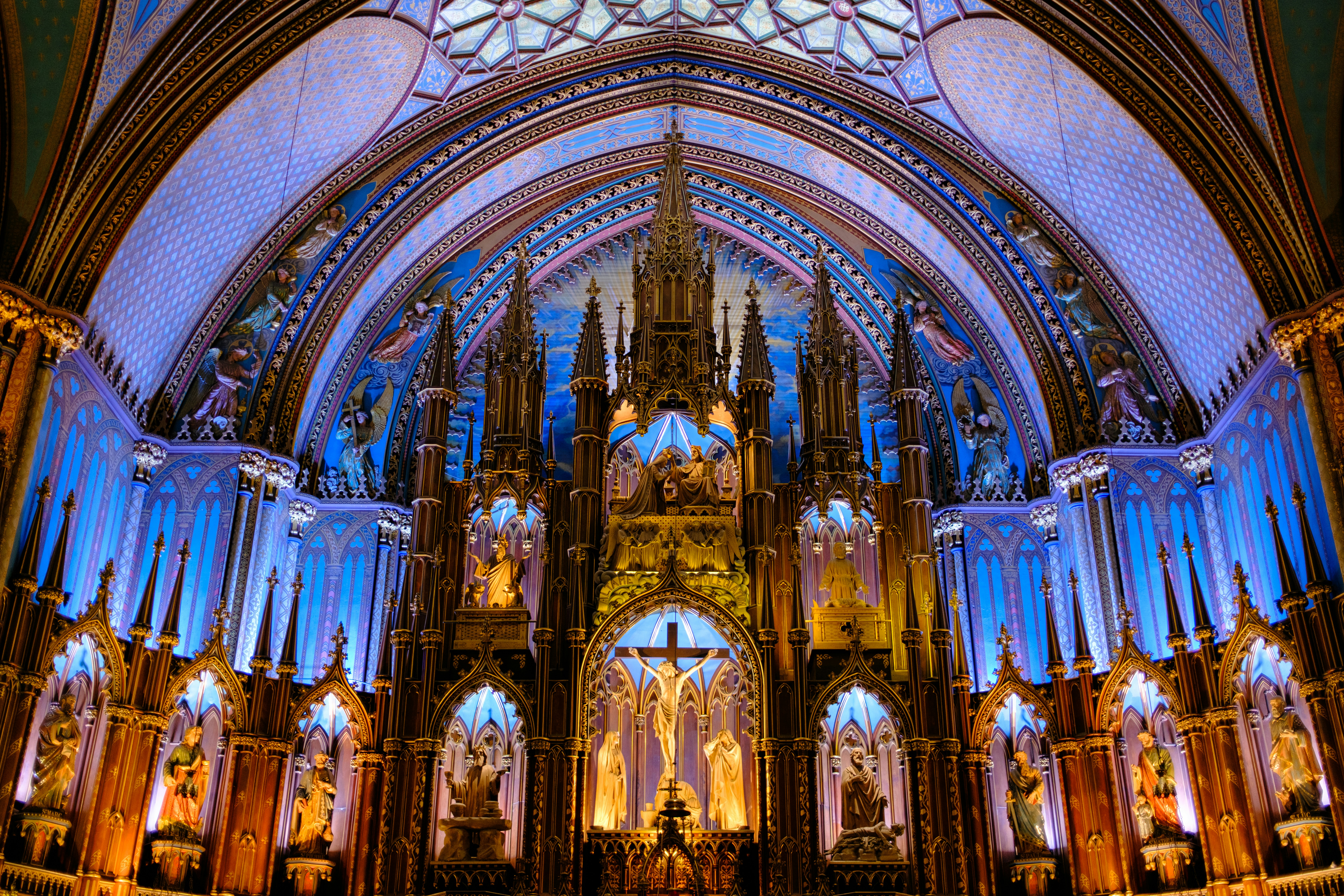 Inside a beautifully lit church's altar.